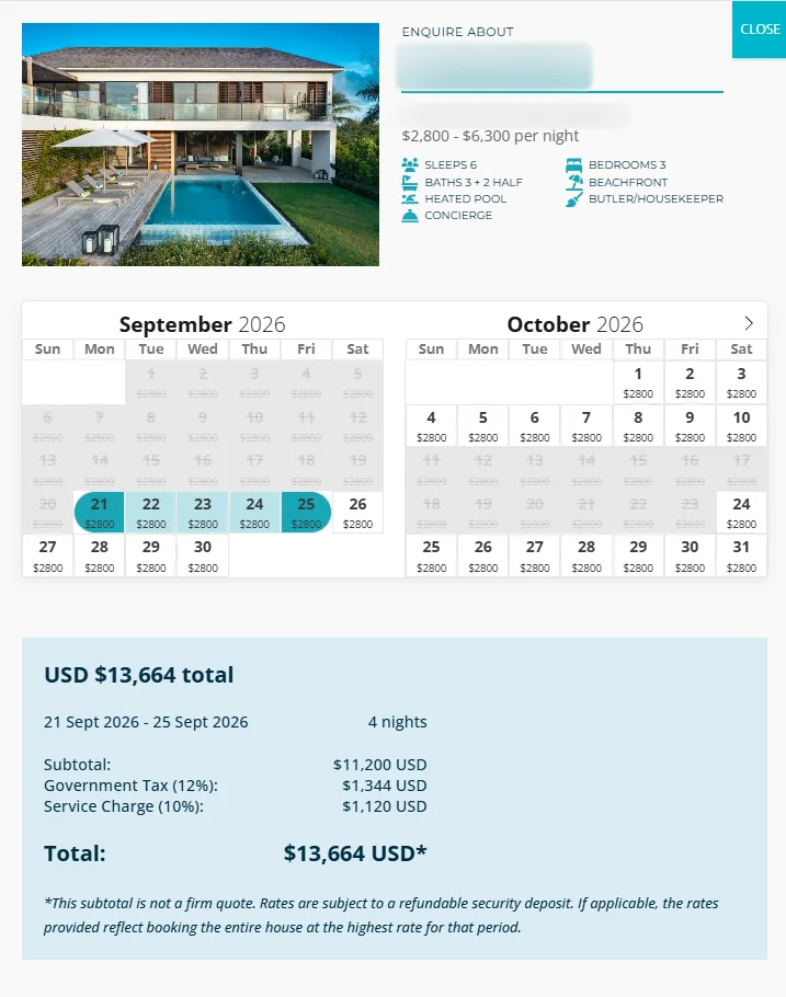 Villa booking form with a date picker and price summary